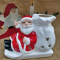 fyrfad lysestage i hvid sæk med julemand på kane, porcelæn gammeldags julepynt